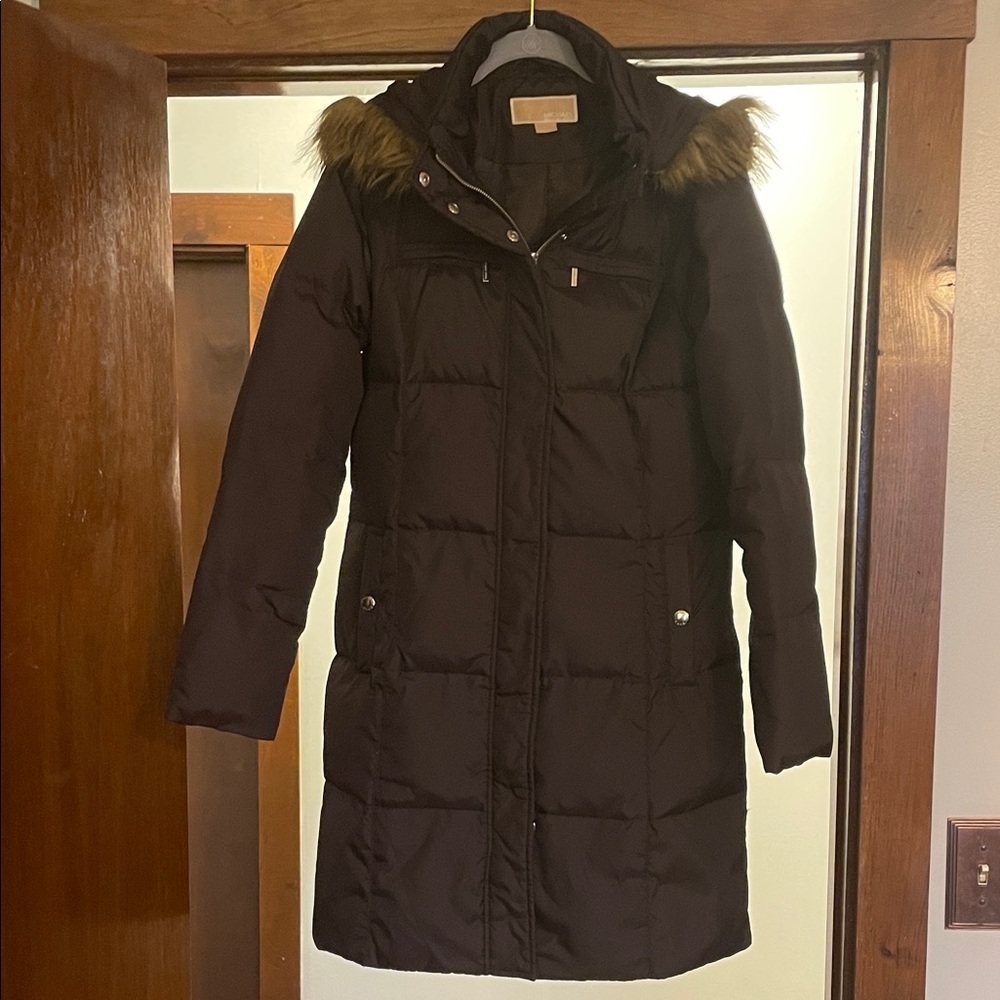 Michael Kors Women's Brown Puffer Coat with Faux Fur Detachable Hood